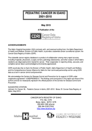 Pediatric Cancer in Idaho, 2001-2010
