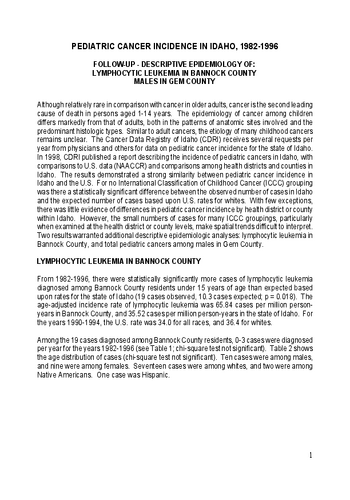 Descriptive Epi Follow-up Of Ped Cancer In Idaho 1982-1996